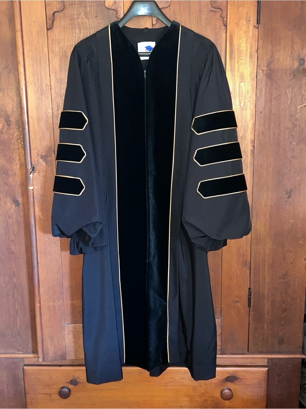Black Velvet-Trim Academic Robe with Gold Piping